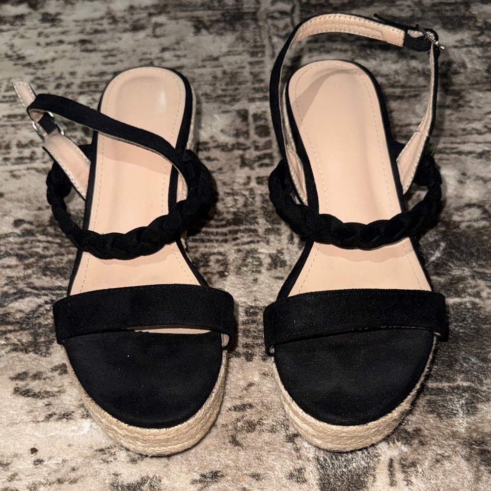 Black Braided Strap Espadrille Wedges